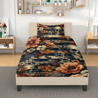 Floral Stripes and Skulls Three Piece Bedding Set