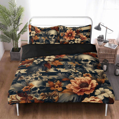 Floral Stripes and Skulls Three Piece Bedding Set