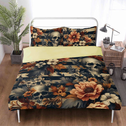 Floral Stripes and Skulls Three Piece Bedding Set