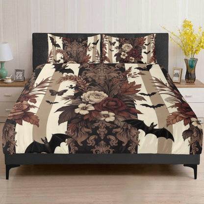 Autumn Florals Stripes and Bats Three Piece Bedding Set