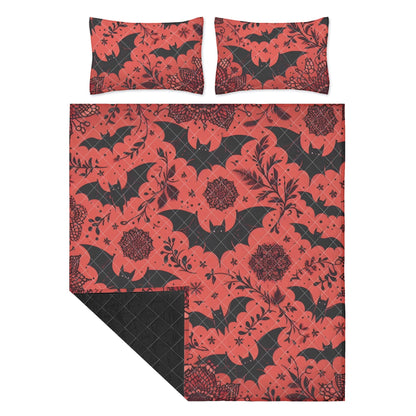 Red Florals and Bats Quilt Bedding Set