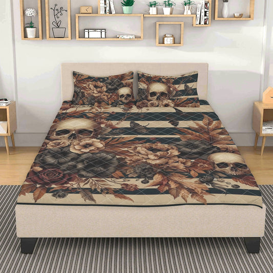 Skulls Stripes and Florals Quilt Bedding Set