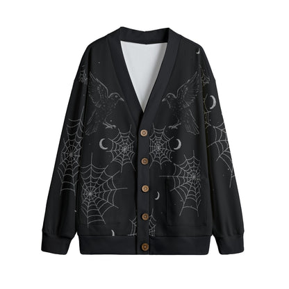 Ravens Moons and Spiderwebs V-neck Button Up Cardigan