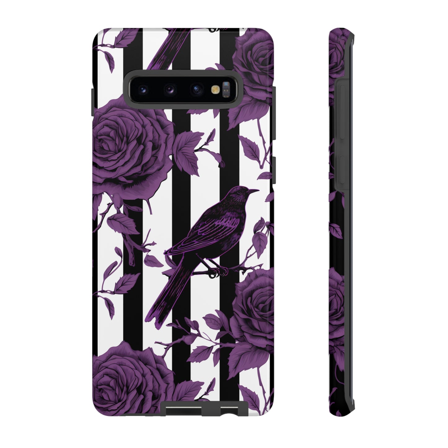 Striped Crows and Roses Tough Cases for iPhone Samsung Google PhonesPhone CaseVTZdesignsSamsung Galaxy S10 PlusGlossyAccessoriescrowsGlossy