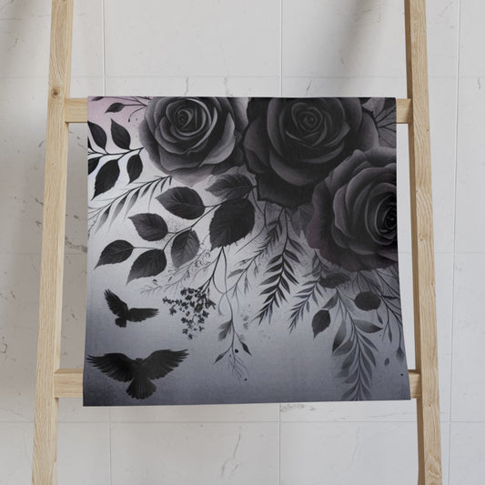 Purple and Gray Ravens and Roses Hand Towel