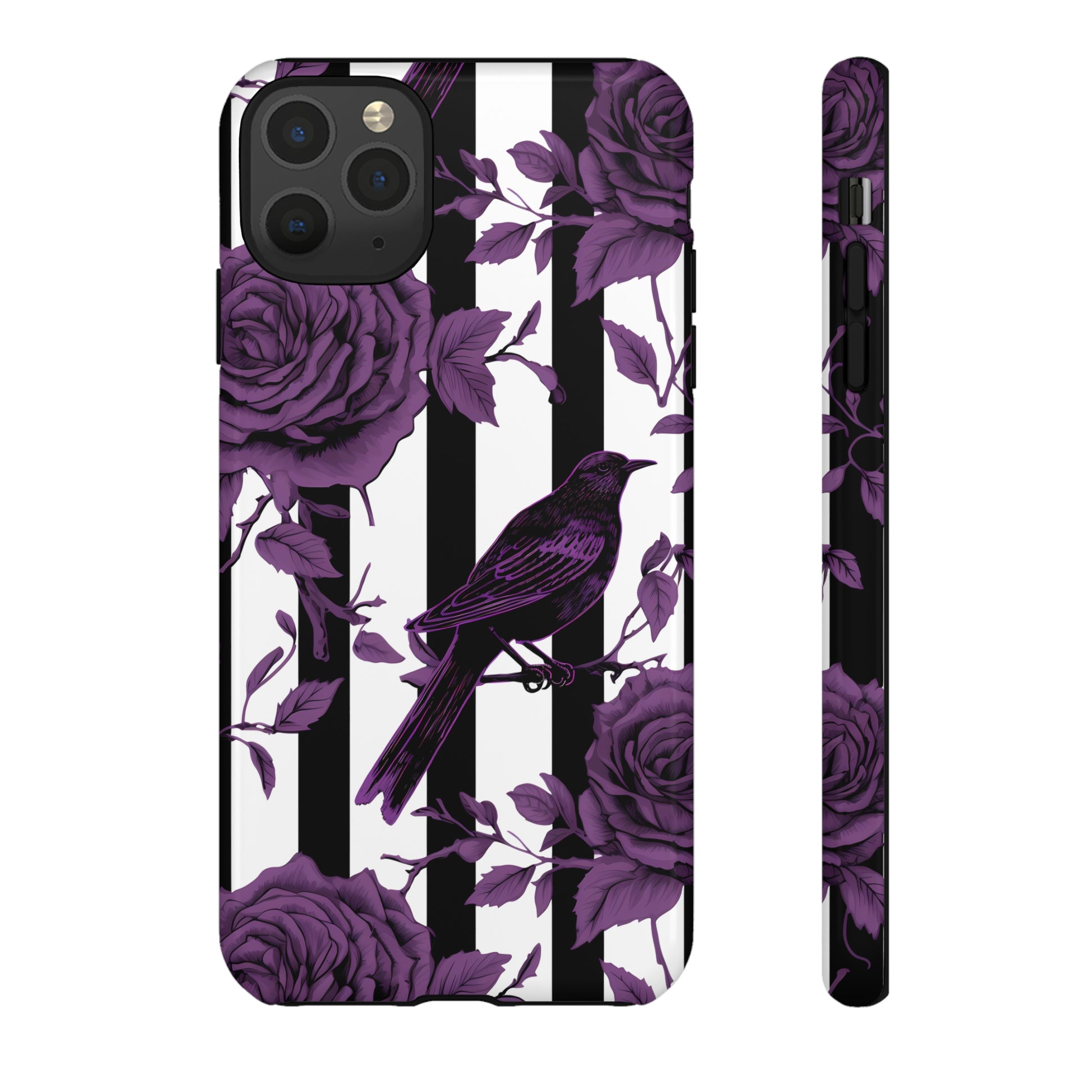 Striped Crows and Roses Tough Cases for iPhone Samsung Google PhonesPhone CaseVTZdesignsiPhone 11 Pro MaxGlossyAccessoriescrowsGlossy