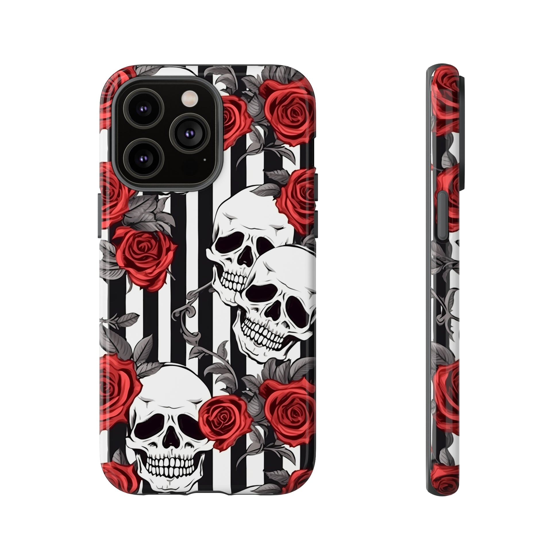 Striped Skulls and Roses Tough Case for iPhone Samsung Google PhonePhone CaseVTZdesignsiPhone 14 Pro MaxGlossyAccessoriesGlossygothic