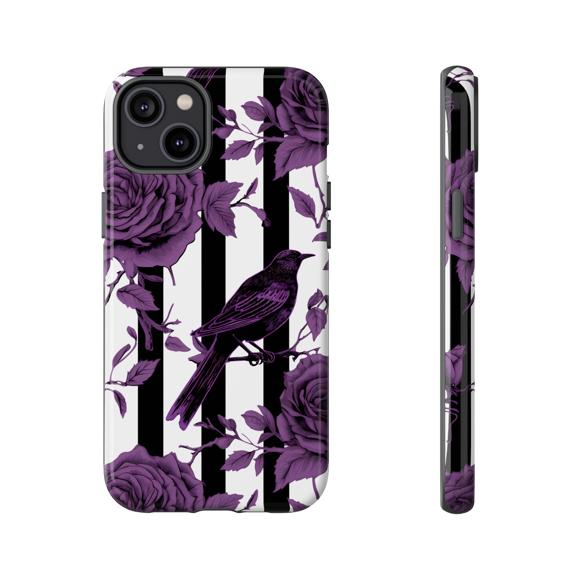 Striped Crows and Roses Tough Cases for iPhone Samsung Google PhonesPhone CaseVTZdesignsiPhone 14 PlusGlossyAccessoriescrowsGlossy