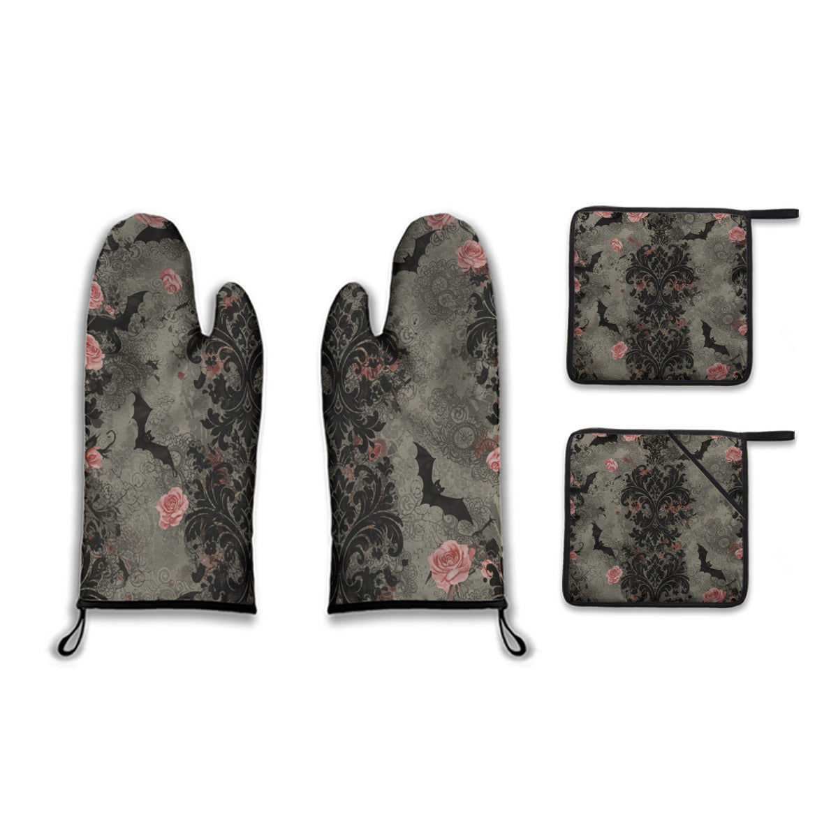 Damask Roses and Bats Oven Mitt and Pot Holder Set