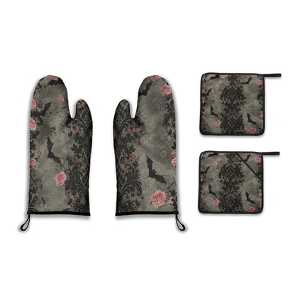 Damask Roses and Bats Oven Mitt and Pot Holder Set