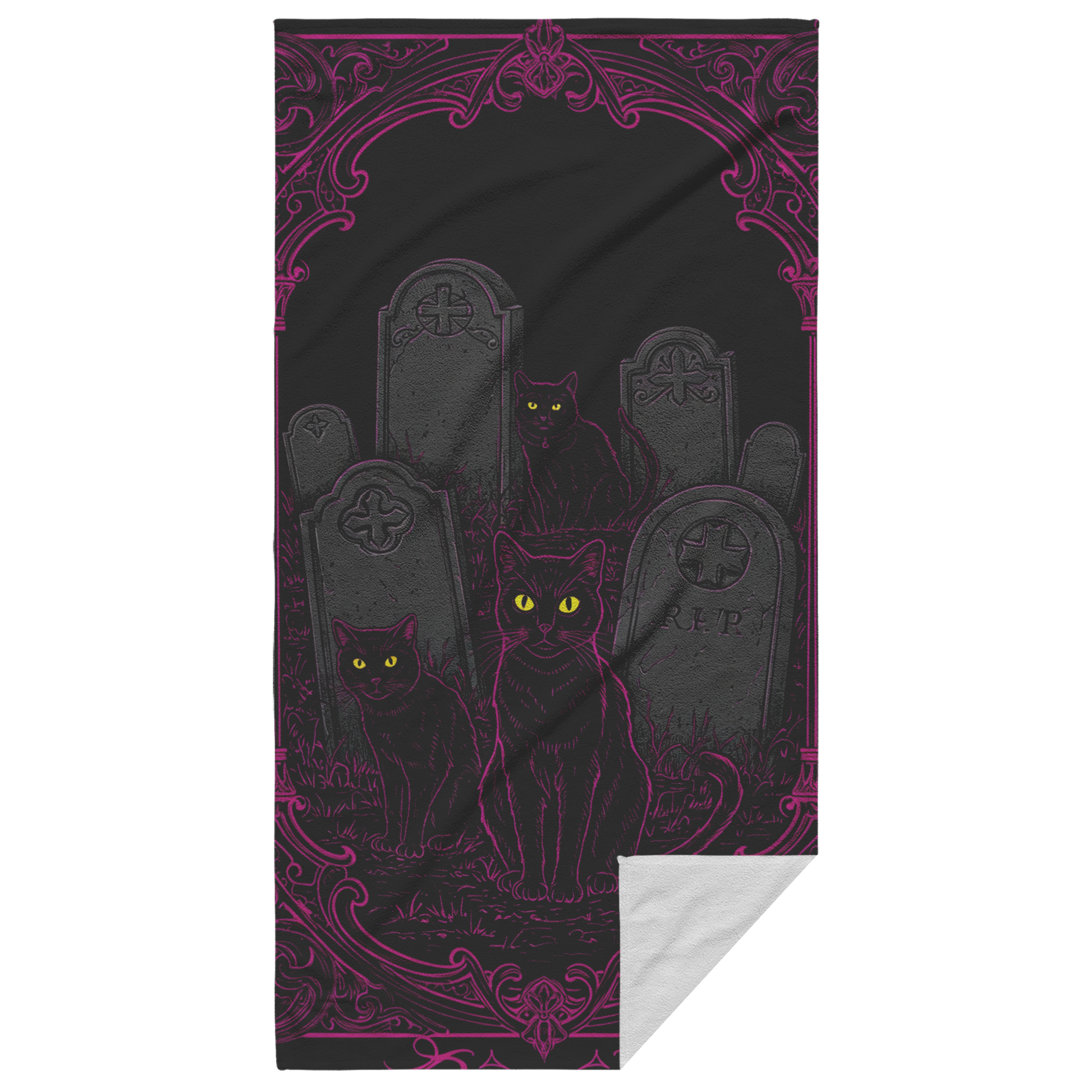 Black cats in graveyard summerween gothic spooky beack towel
