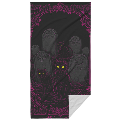 Black cats in graveyard summerween gothic spooky beack towel