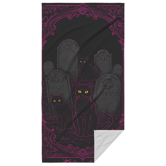 Black cats in graveyard summerween gothic spooky beack towel