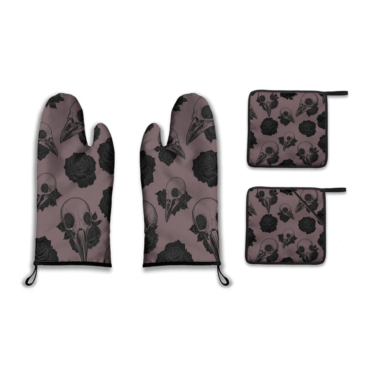 Raven Skulls and Roses Oven Mitt and Pot Holder Set