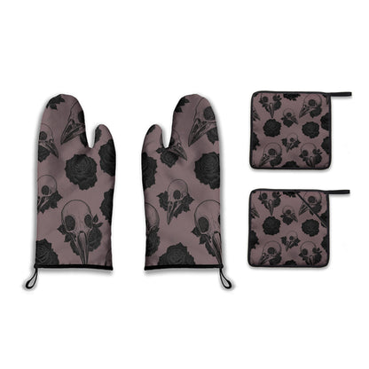 Raven Skulls and Roses Oven Mitt and Pot Holder Set