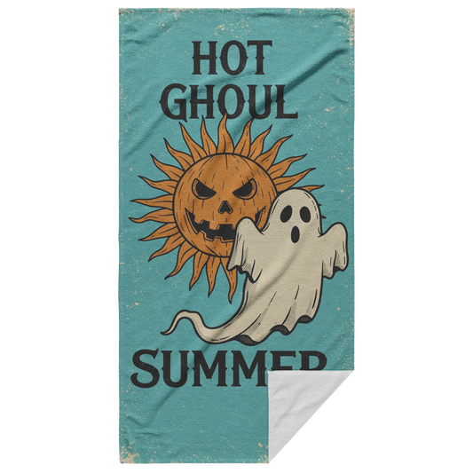 summerween beach towel ghost and jack o lantern sun says hot ghoul summer on blue faded background