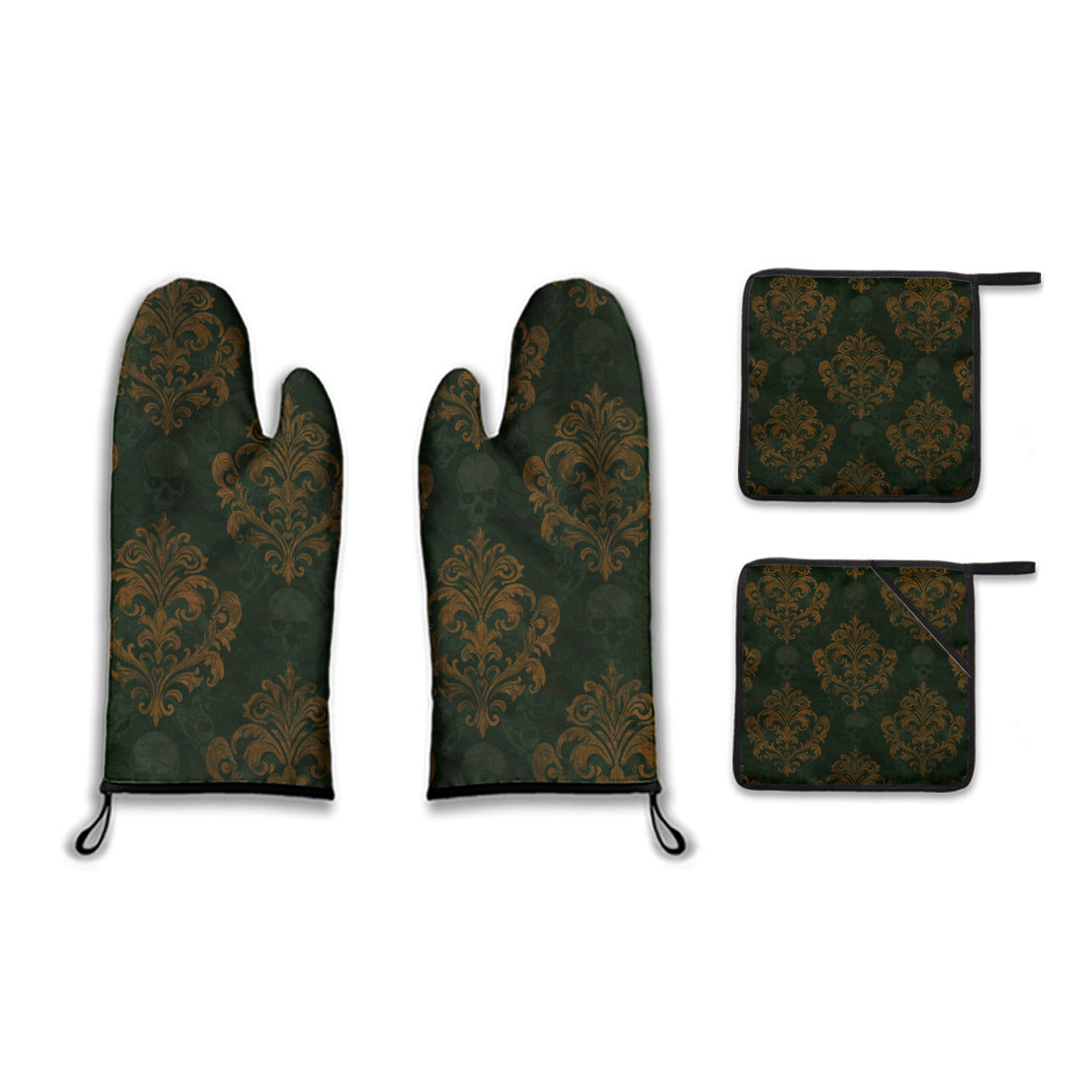 Damask and Skulls Oven Mitt and Pot Holder Set