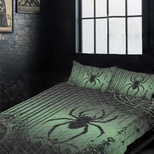 Spiders and Stripes Green Quilt Bedding Set