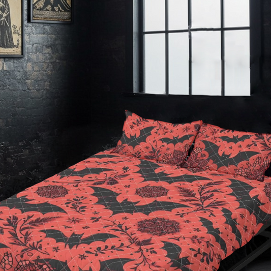 Red Florals and Bats Quilt Bedding Set