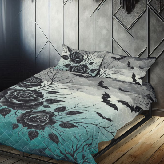 Gray Teal Roses and Bats Quilt Bedding Set