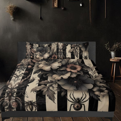 Florals Stripes and Spiders Three Piece Bedding Set