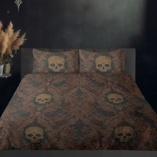 Skulls and Damask Baroque Three Piece Bedding Set