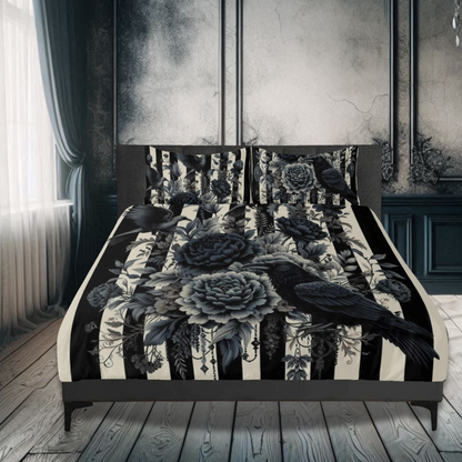 Stripes Ravens and Roses Three Piece Bedding Set