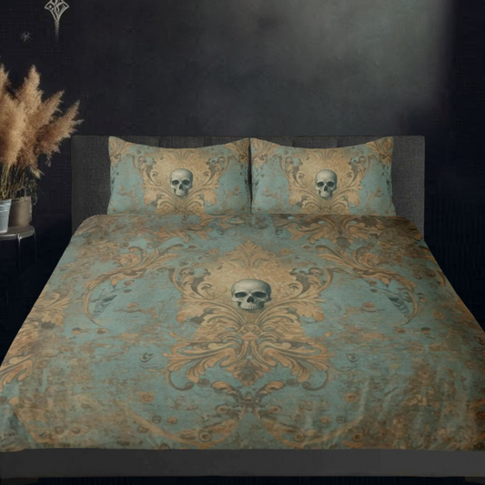 Skulls and Damask Baroque Vintage Inspired Three Piece Bedding Set