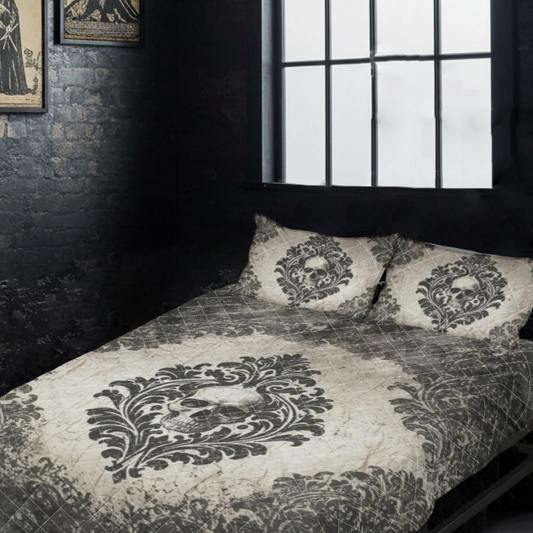 Vintage Damask With Skull Quilt Bedding Set