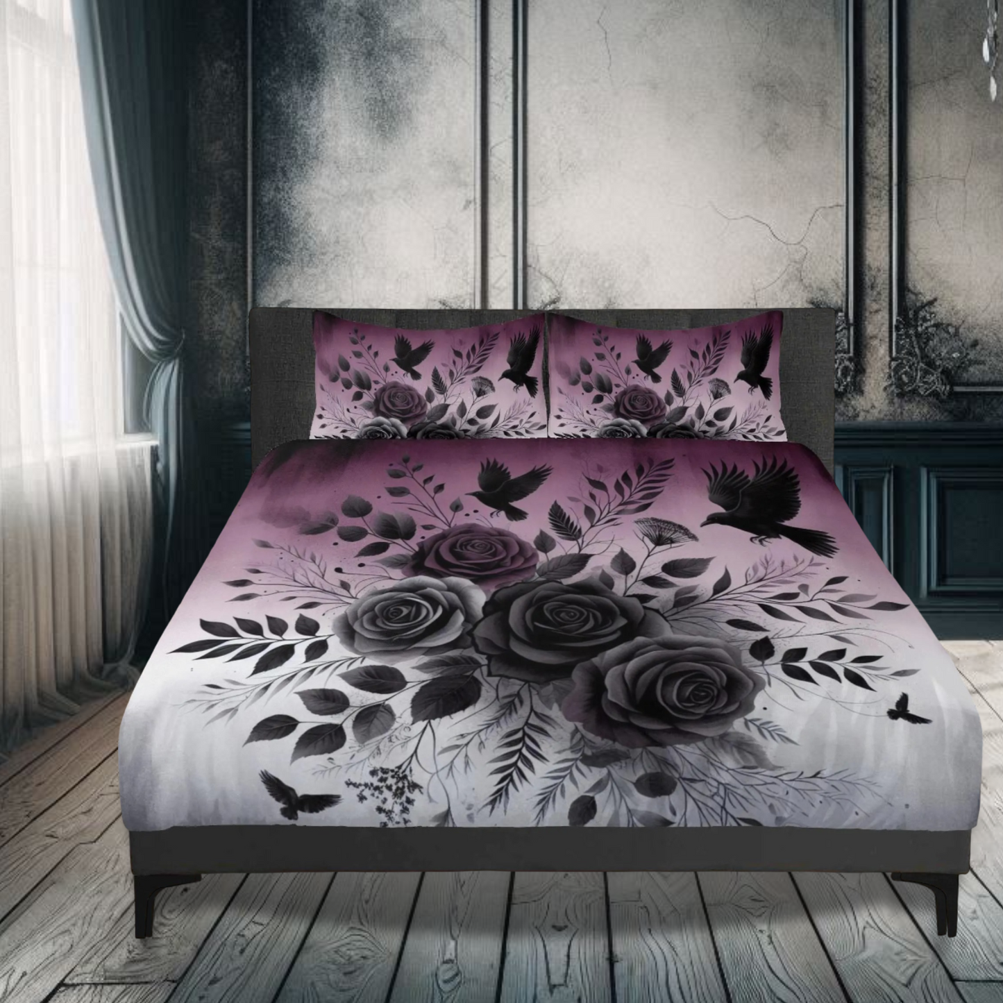 Roses and Crows Three Piece Bedding Set