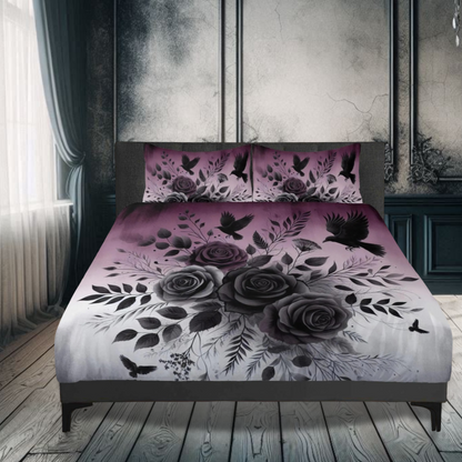 Roses and Crows Three Piece Bedding Set