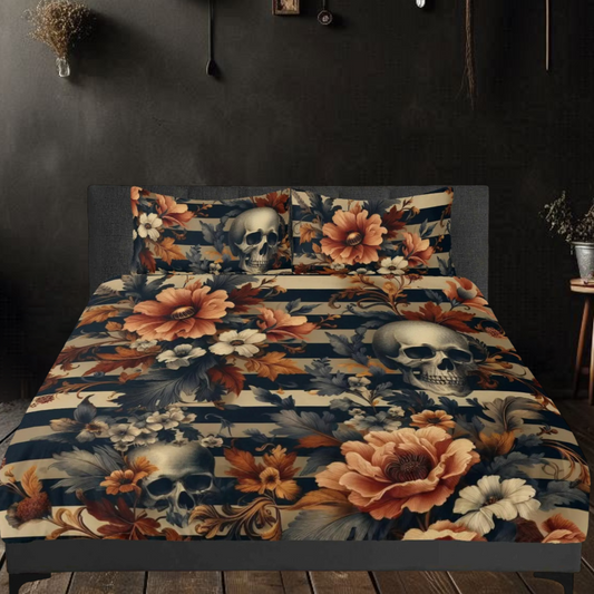 Floral Stripes and Skulls Three Piece Bedding Set