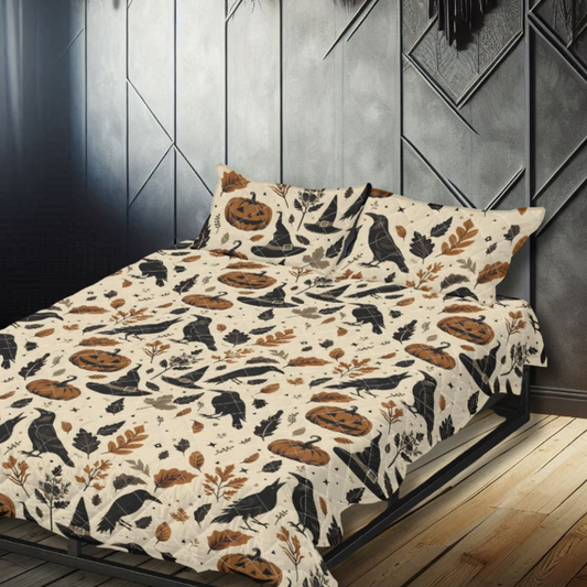 Ravens Pumpkins and Witch Hats Quilt Bedding Set