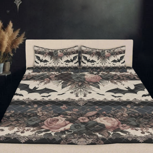 Bats Stripes and Floral Quilt Bedding Set