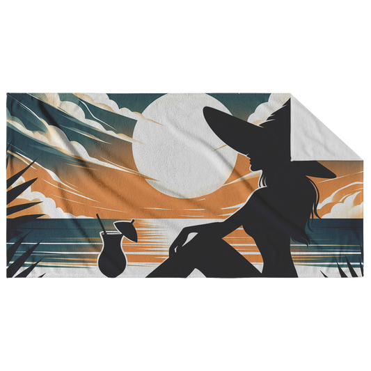 Witch_on_Beach_At_Sunset_Beach_Towel_Main_Fold_Horizontal_Mockup.png
