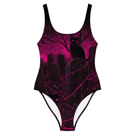 summerween gothic neon pink and black swimsuit with black cats in a graveyard 