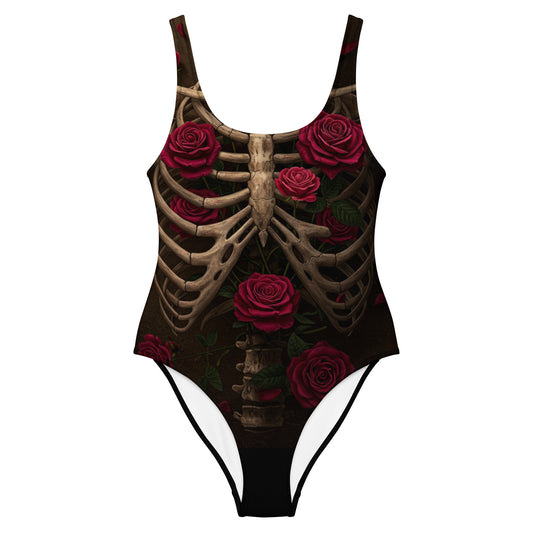 gothic swimsuit of a rotting skeleton torso with red roses summerween one piece