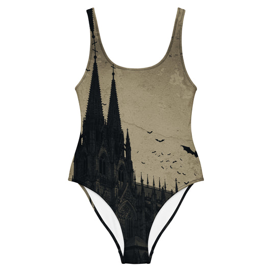 gothic swimsuit cathedral with bats vintage look summerween one piece
