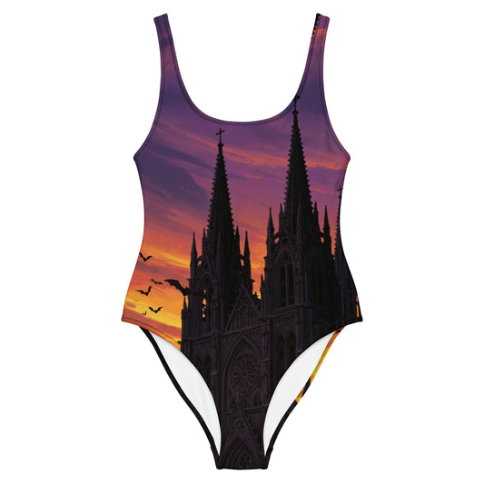 gothic one piece summerween swimsuit cathedral with bats on a sunset background 