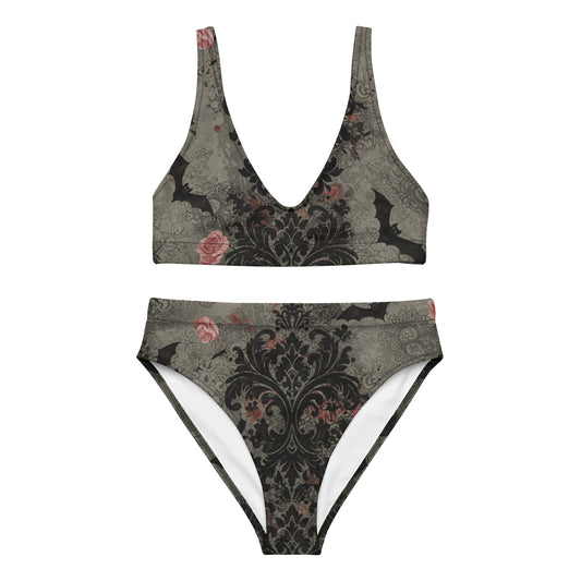 gothic summerween bikini gray with black damask pink roses and bats 