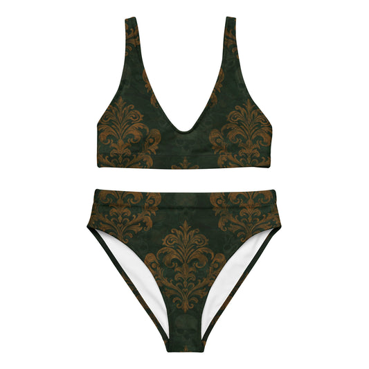 gothic summerween bikini green background hidden skulls and gold damask 