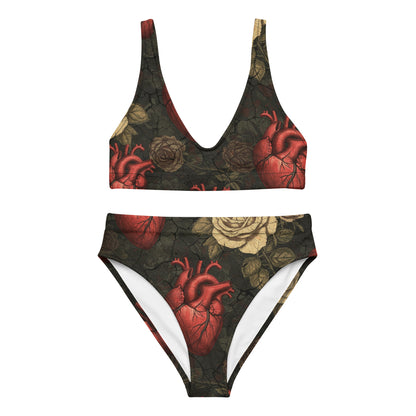 gothic summerween bikini anatomical hearts and roses on faded cracked background