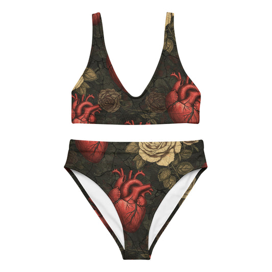gothic summerween bikini anatomical hearts and roses on faded cracked background