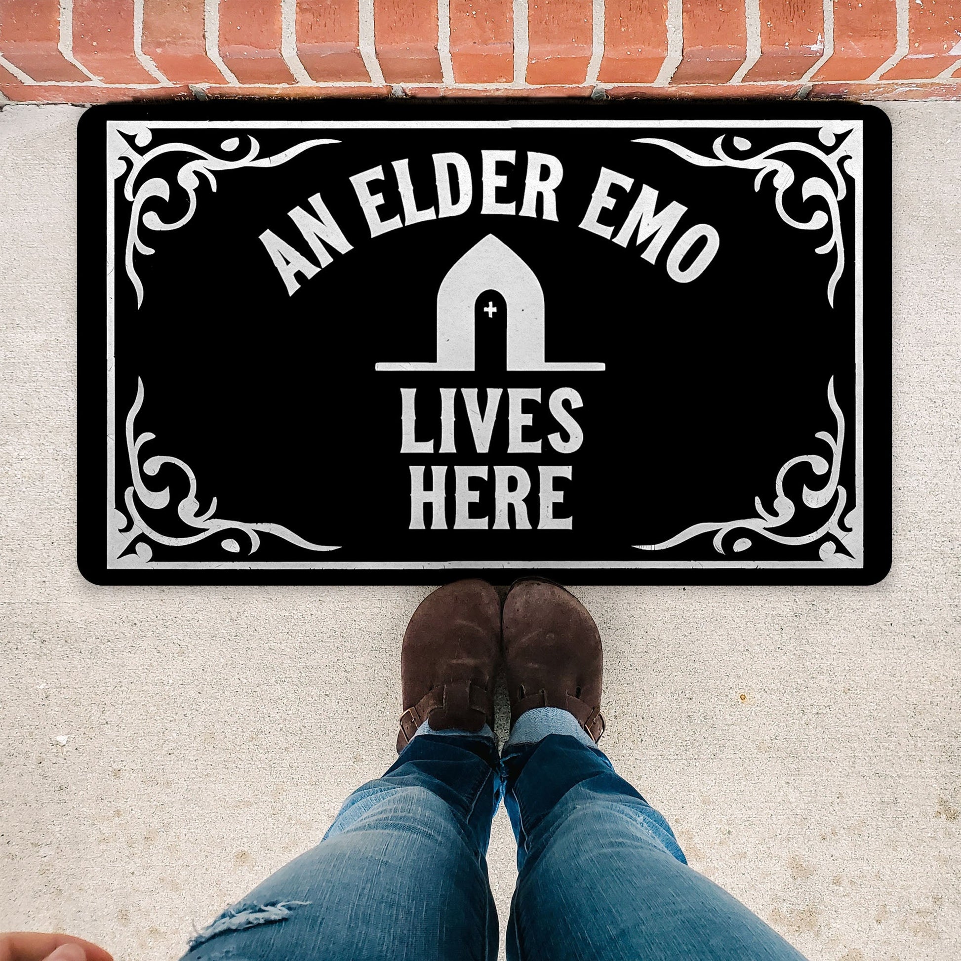 An Elder Emo Lives Here Rubber DoormatdoormatsVTZdesigns30x18Whitedoormatselder emoemo