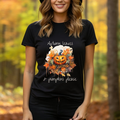 Autumn Leaves and Pumpkins Please Tee ShirtT - ShirtVTZdesignsCharcoalSCrew neckDTGfall