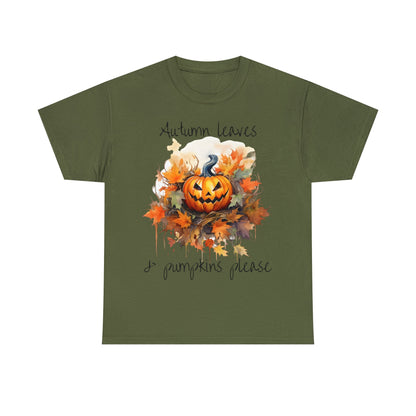 Autumn Leaves and Pumpkins Please Tee ShirtT - ShirtVTZdesignsMilitary GreenSCrew neckDTGfall