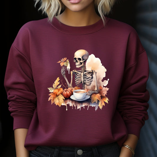 Autumn Skeleton Crewneck Sweatshirt PulloverSweatshirtVTZdesignsSDark HeathercoffeeCrew neckDTG