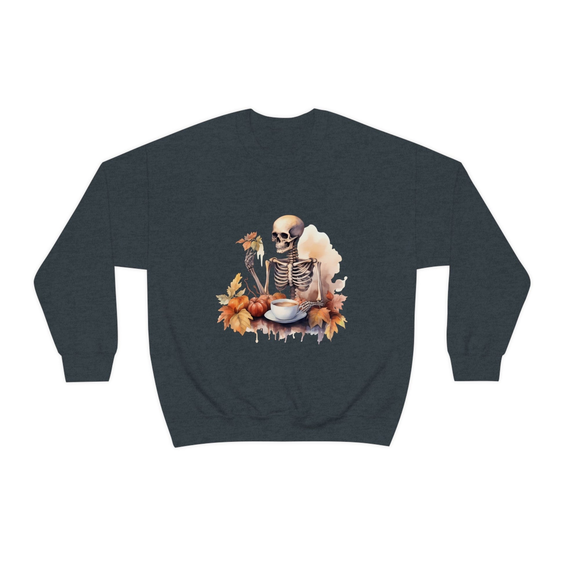 Autumn Skeleton Crewneck Sweatshirt PulloverSweatshirtVTZdesignsSDark HeathercoffeeCrew neckDTG