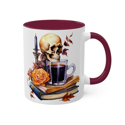 Autumn Skull Rose Coffee Books Colorful Mug 11ozMugVTZdesigns11ozMaroon11 ozaccent mugbooks