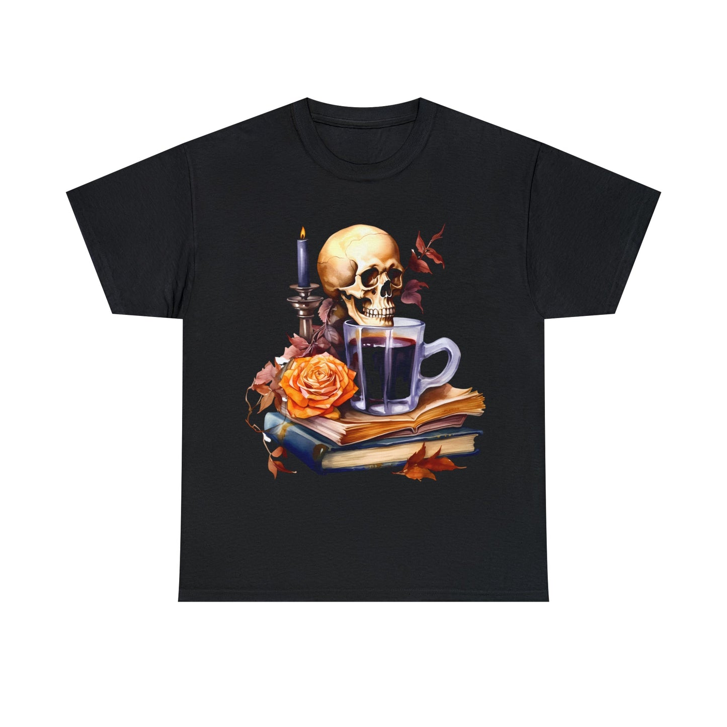 Autumn Skull Rose Coffee Books Tee ShirtT - ShirtVTZdesignsBlackSbookscandlescoffee